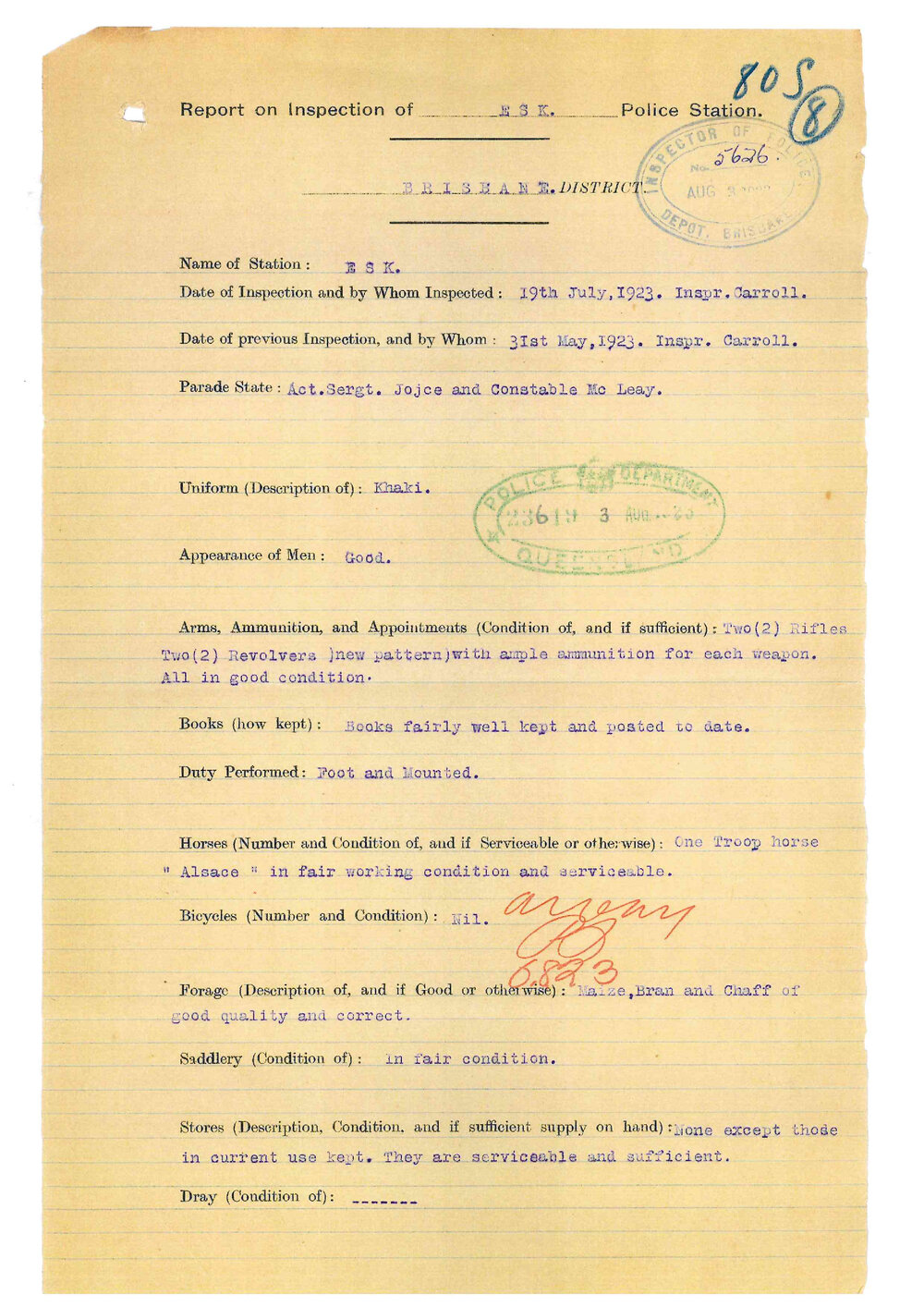 Report on Inspection of Esk Police Station 19/07/1923