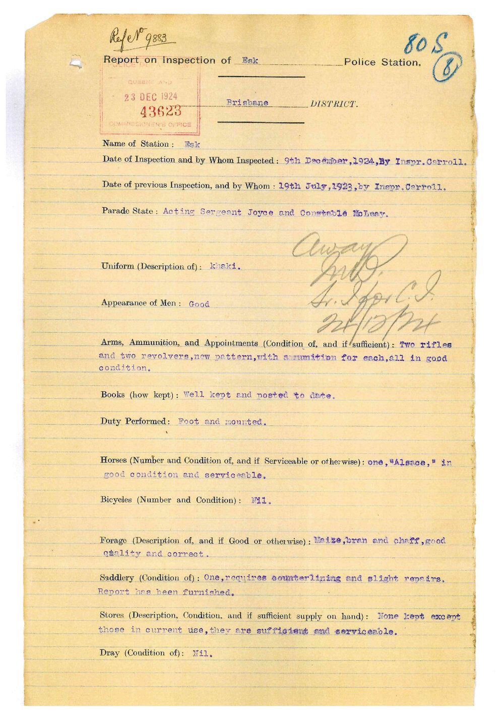 Report on Inspection of Esk Police Station 09/12/1924