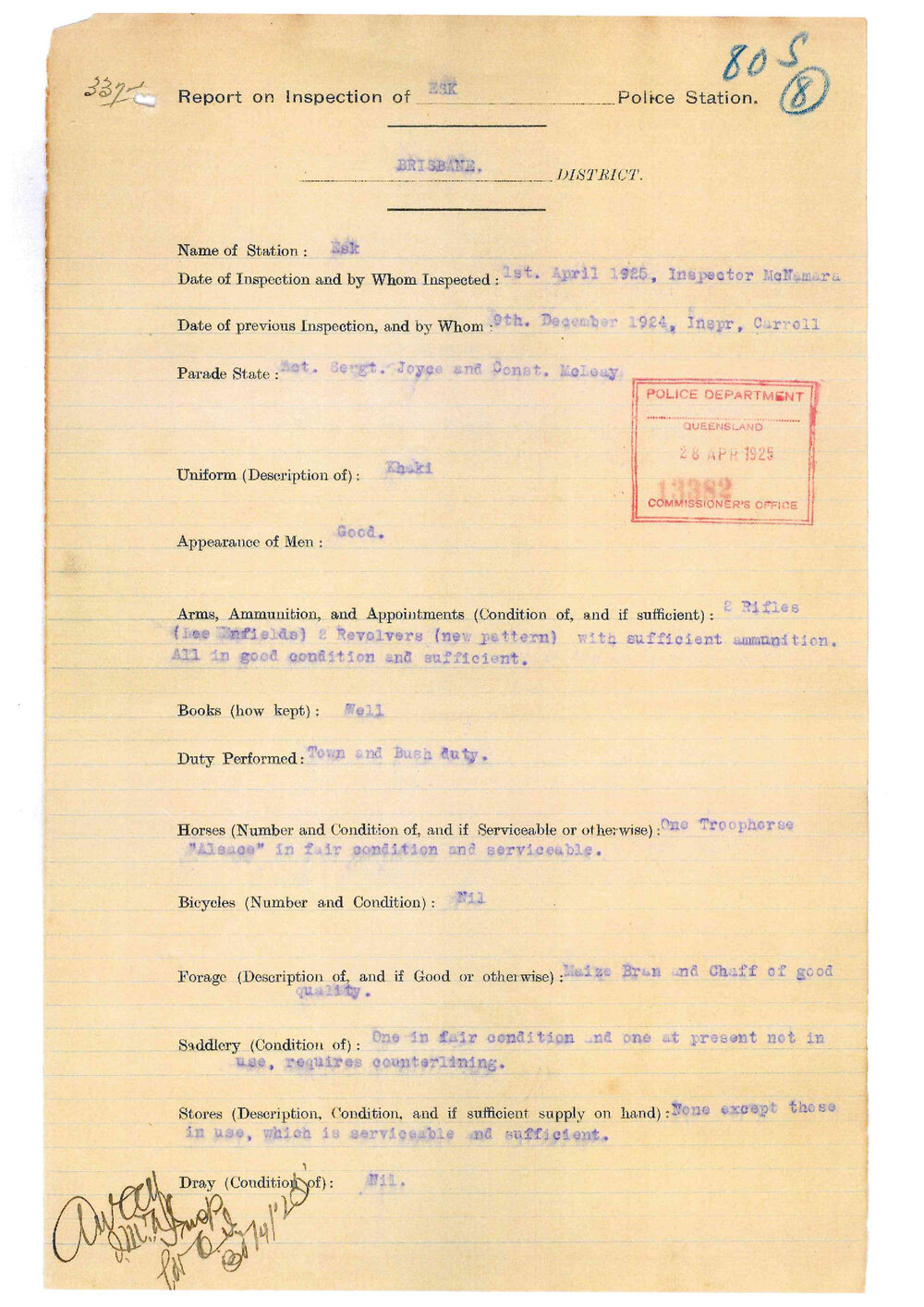 Report on Inspection of Esk Police Station 01/04/1925