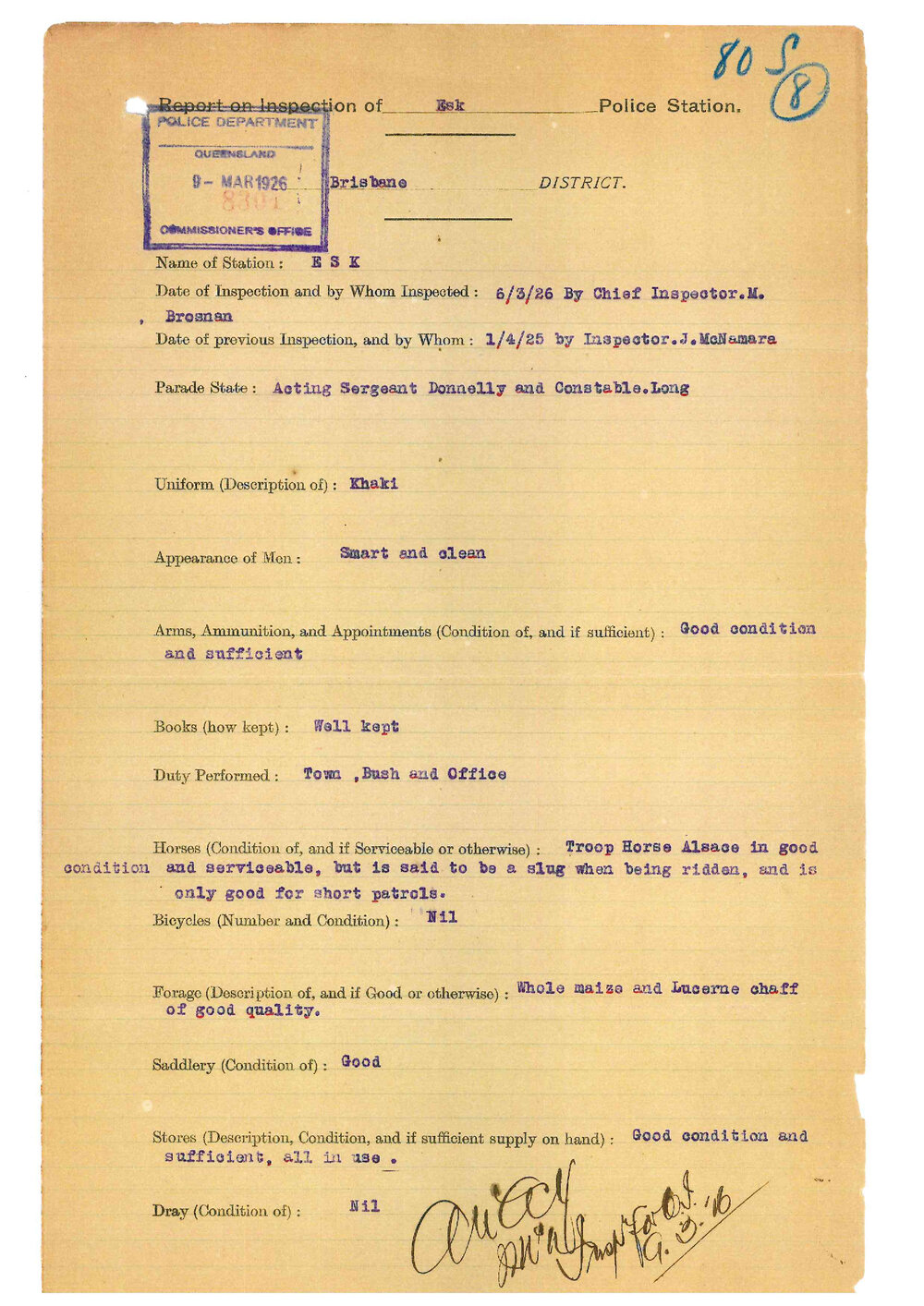 Report on Inspection of Esk Police Station 06/03/1926