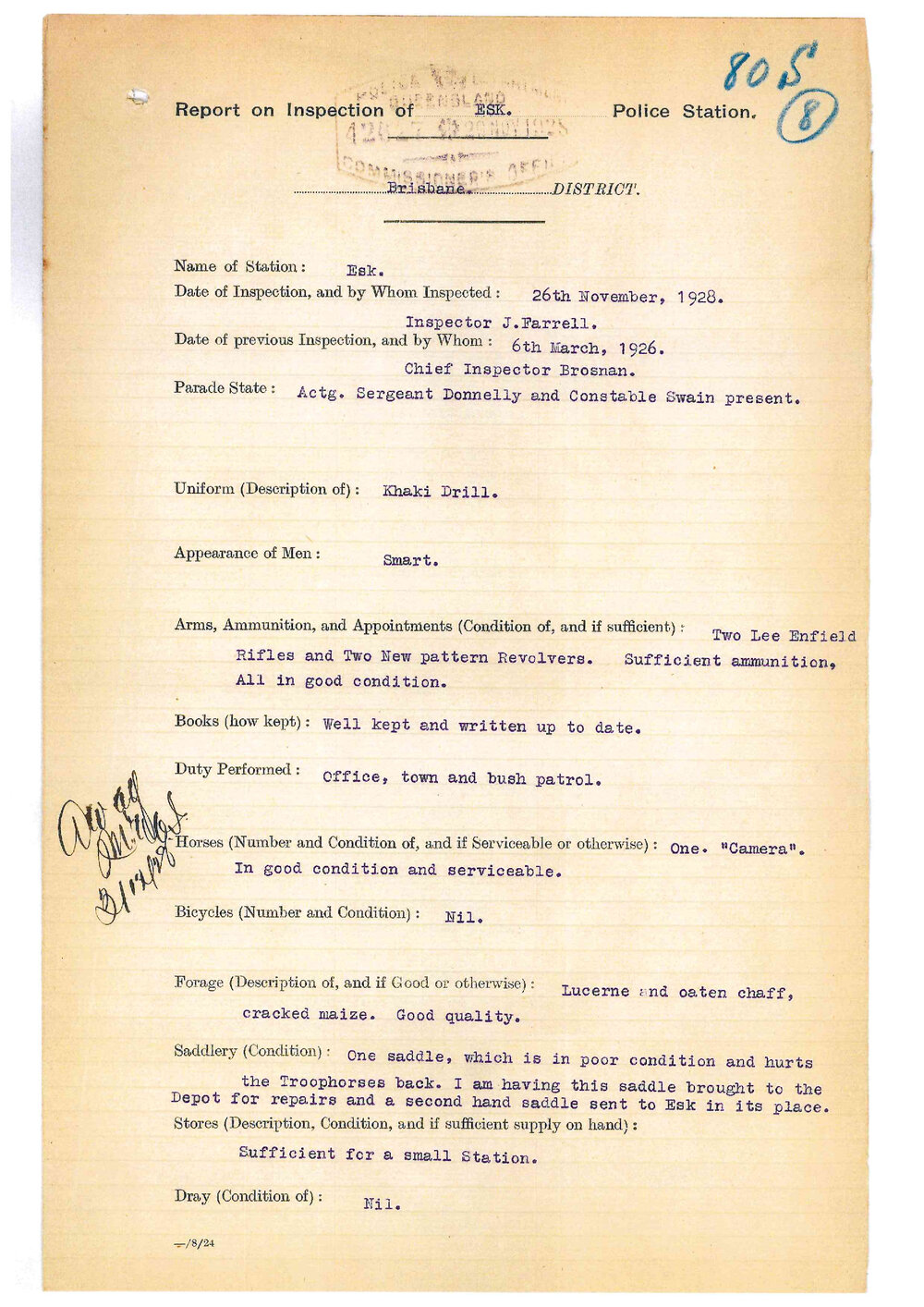 Report on Inspection of Esk Police Station 26/11/1928