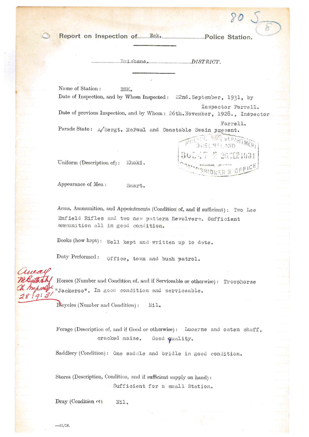 Report on Inspection of Esk Police Station 22/09/1931