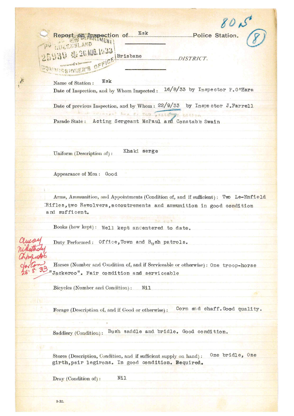 Report on inspection of Esk Police Station 16/08/1933