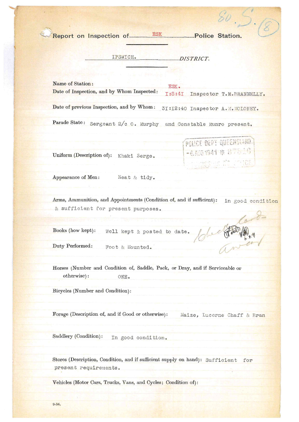 Report on Inspection of Esk Police Station 01/08/1941