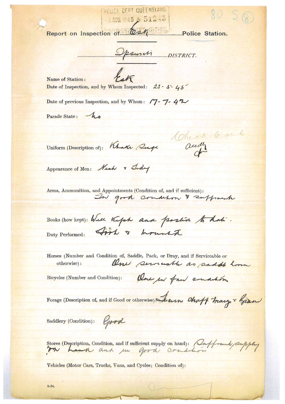 Report on Inspection of Esk Police Station 23/05/1945