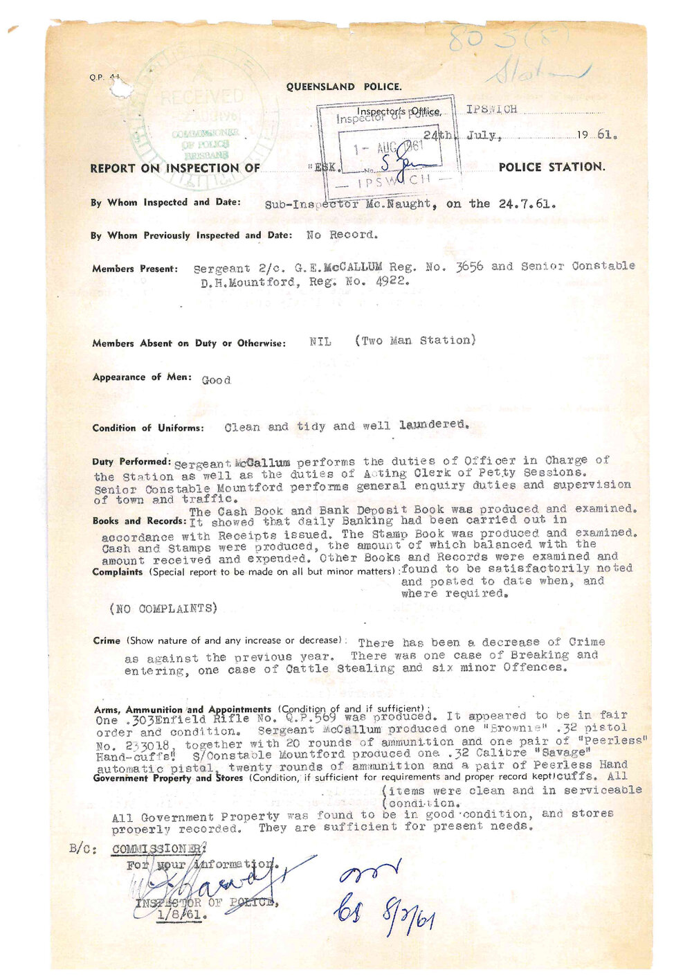 Report on Inspection of Esk Police Station 24/07/1961