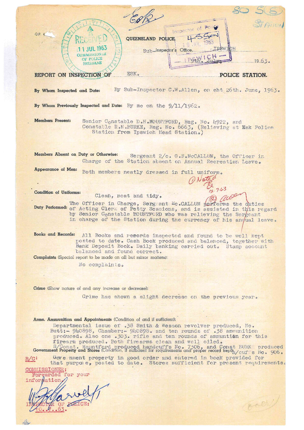 Report on Inspection of Esk Police Station 26/06/1963