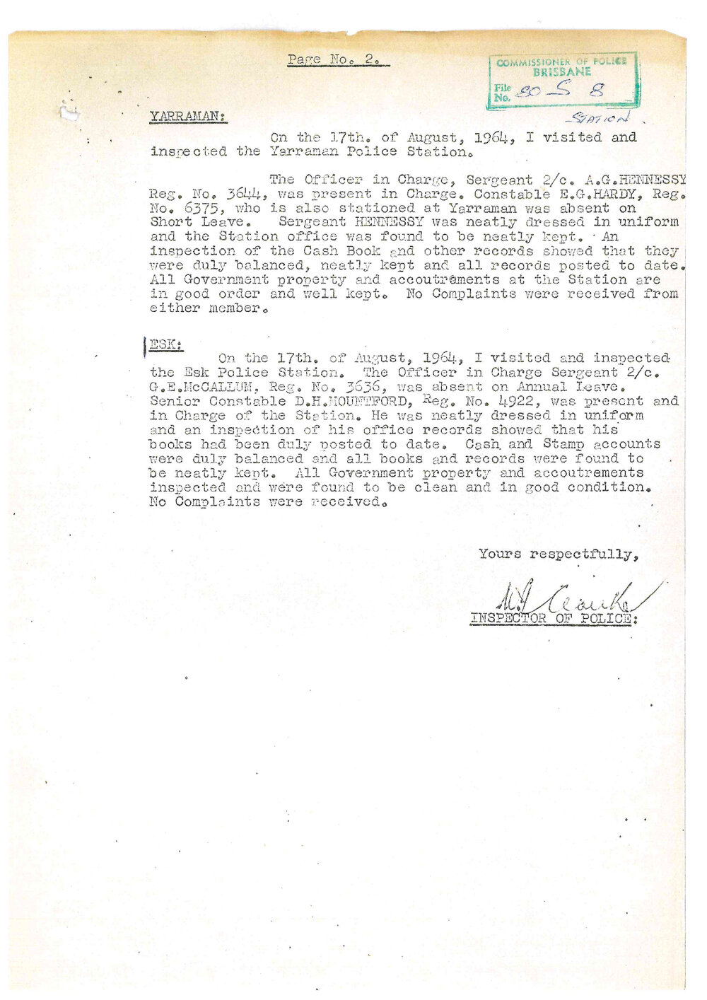 Letter of Report on Yarraman and Esk Police Stations inspected on 17/08/1964.