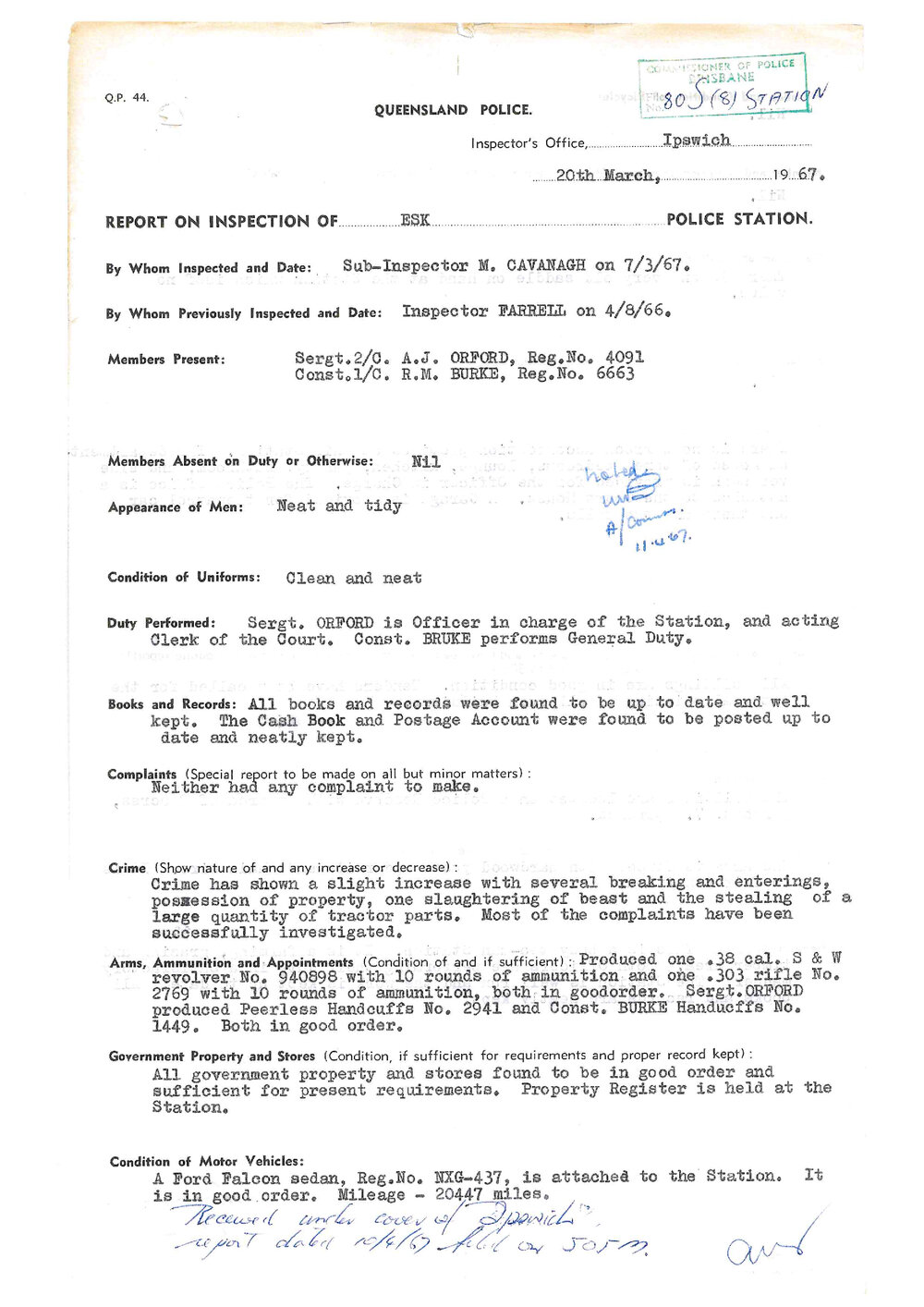 Report on Inspection of Esk Police Station 07/03/1967