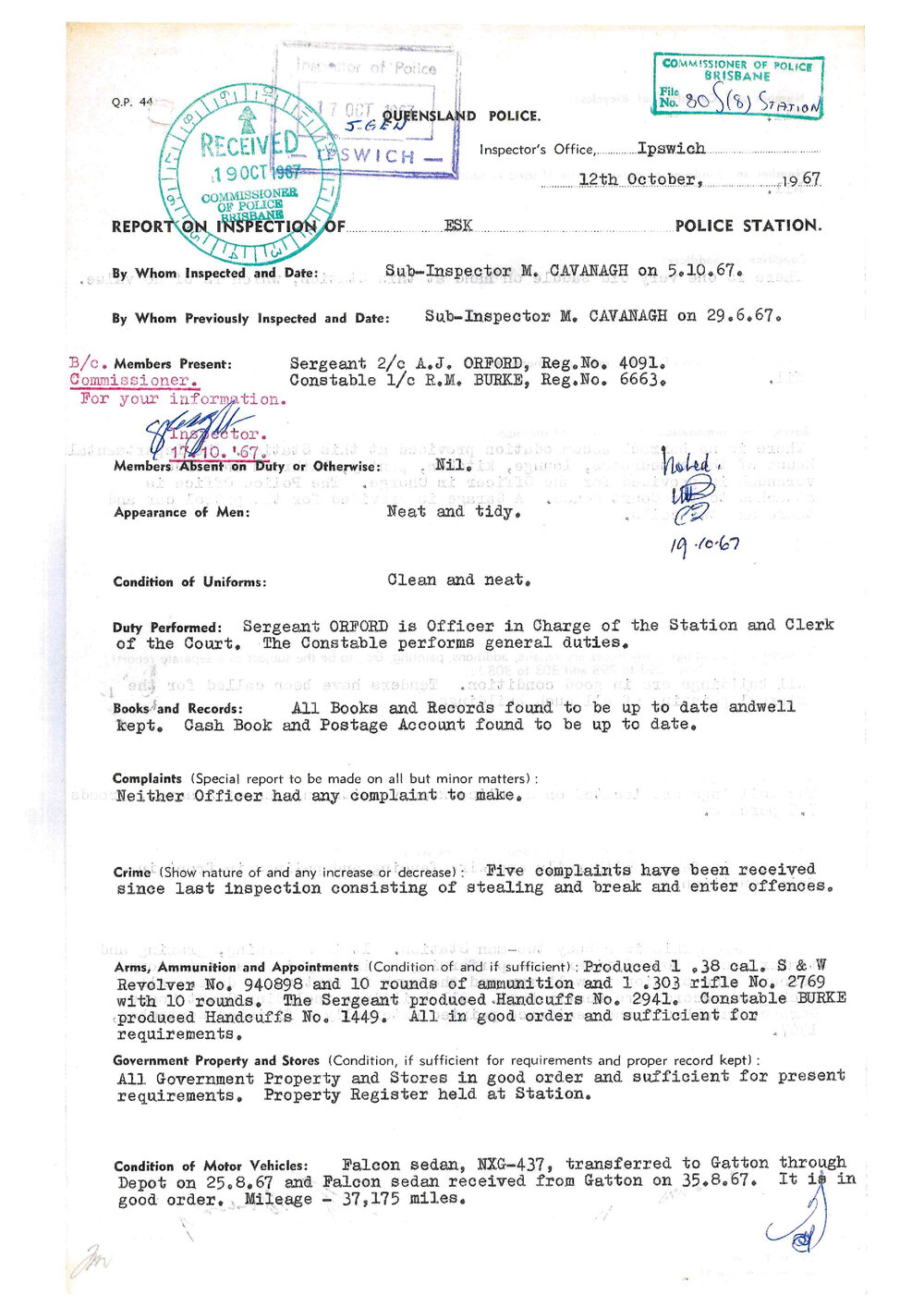 Report on Inspection of Esk Police Station 05/10/1967
