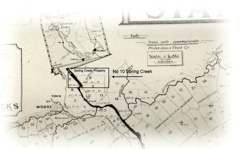 Map of the property divisions north, south &amp; east of the town of Moore, including Spring Creek