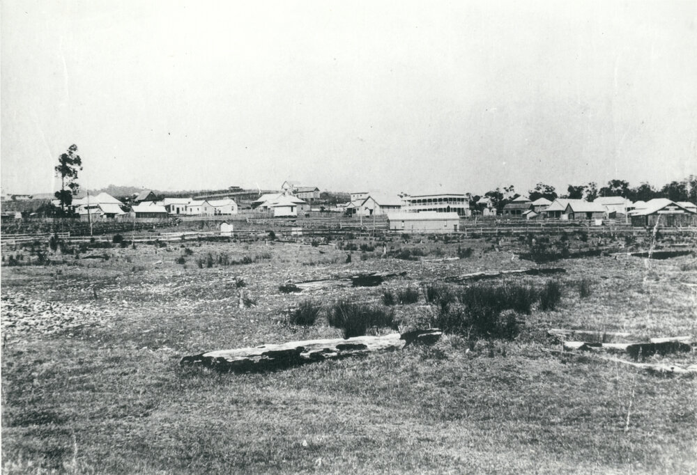 Early view of Lowood from behind the railway station, towards Royal Hotel and Main Street