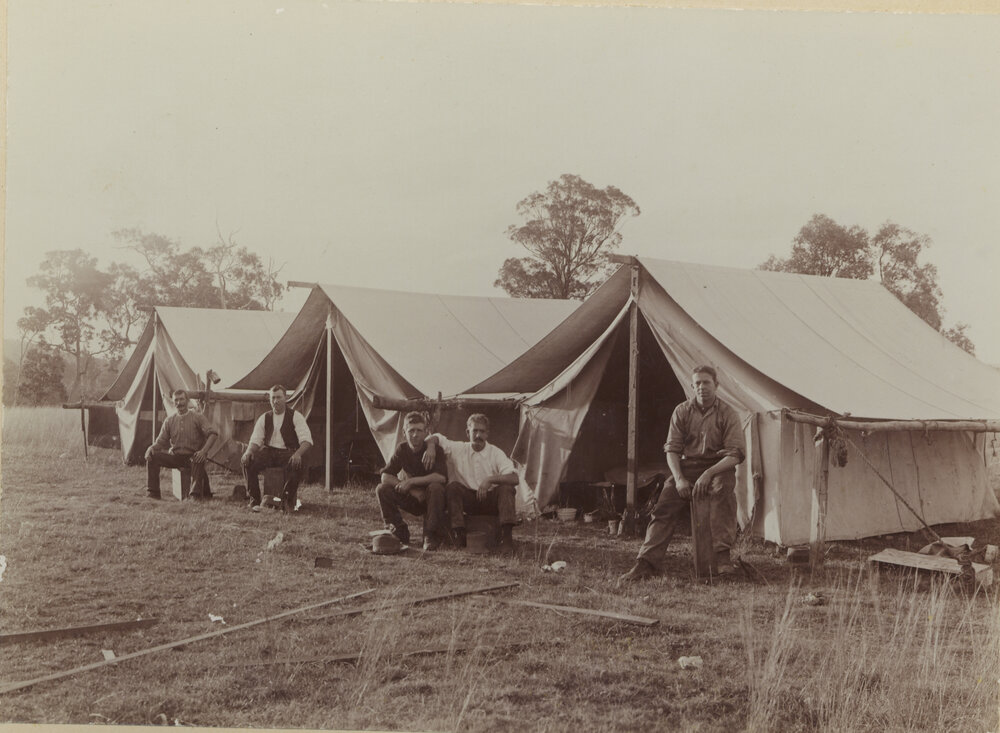 Railway workers at their campsite at Harlin