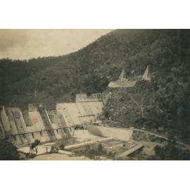 Somerset Dam wall and construction site below the wall