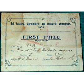 Esk Pastoral, Agricultural and Industrial Association, first prize certificate 